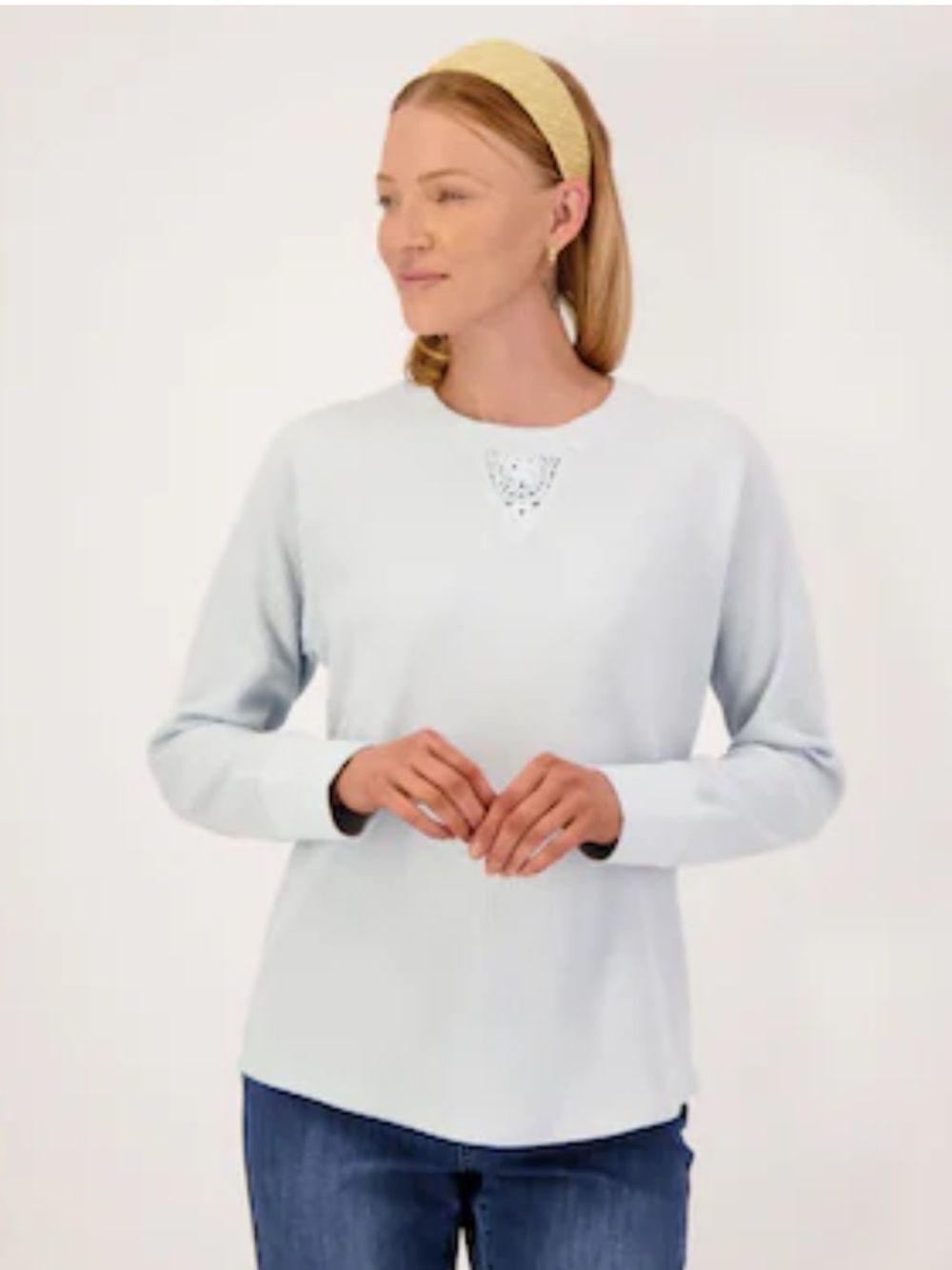 C&C XL Skyway Blue Crew Crochet Inset Waffle Knit Cotton Blend Long Sleeve Top